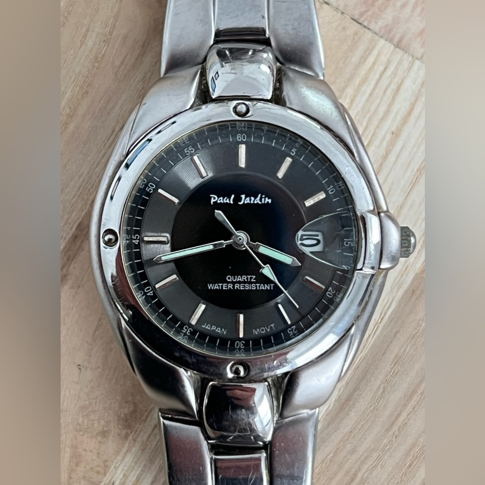 Paul Jardin Men’s Watch Stainless Bracelet Black Dial Date Window